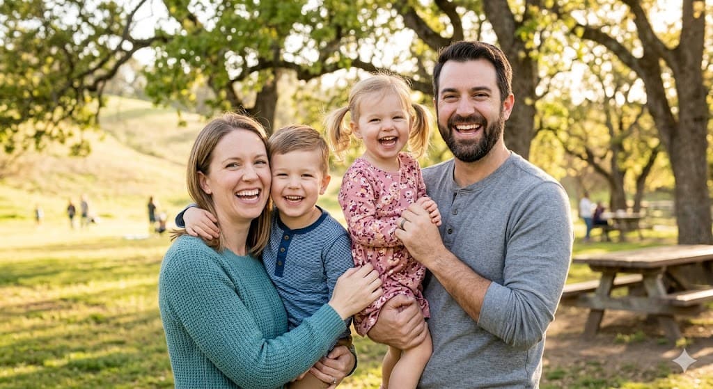 Young worry-free family together outside, couple and children